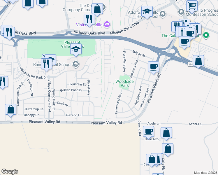 map of restaurants, bars, coffee shops, grocery stores, and more near Via Rosal in Camarillo