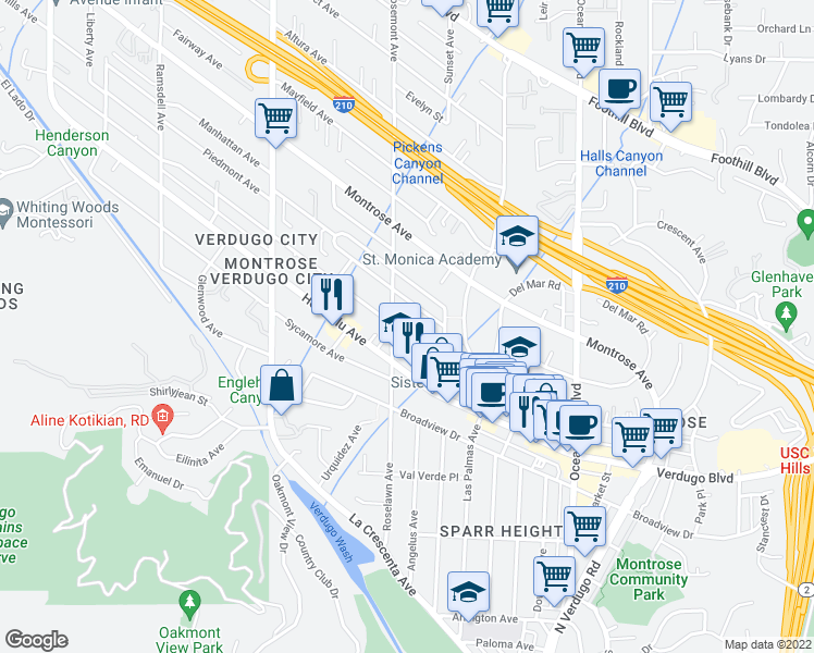 map of restaurants, bars, coffee shops, grocery stores, and more near 2547 Hermosa Avenue in La Crescenta-Montrose