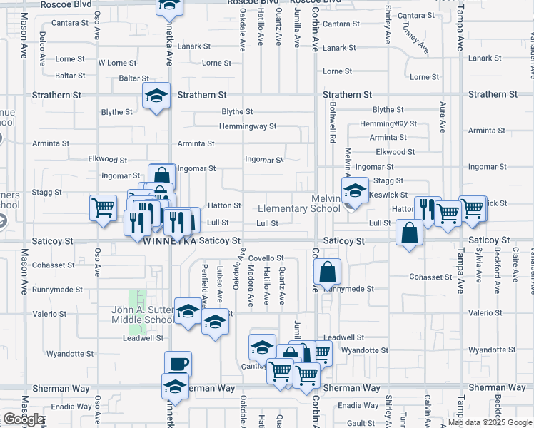 map of restaurants, bars, coffee shops, grocery stores, and more near 19822 Hatton Street in Los Angeles