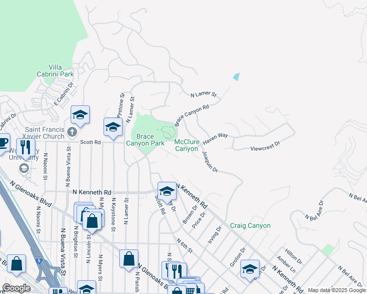 map of restaurants, bars, coffee shops, grocery stores, and more near 3024 Haven Way in Burbank