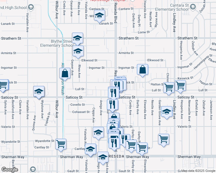 map of restaurants, bars, coffee shops, grocery stores, and more near 7631 Reseda Boulevard in Los Angeles