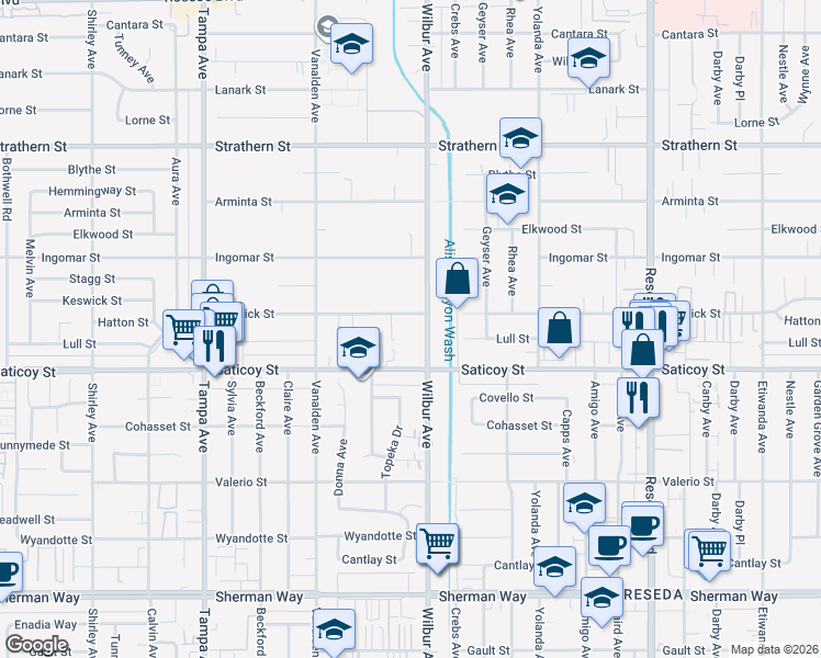 map of restaurants, bars, coffee shops, grocery stores, and more near 7645 Wilbur Avenue in Los Angeles