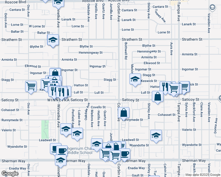 map of restaurants, bars, coffee shops, grocery stores, and more near 19730 Hatton Street in Los Angeles
