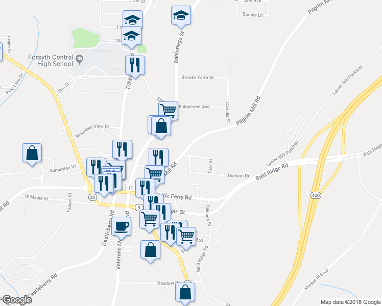 map of restaurants, bars, coffee shops, grocery stores, and more near 202 Patterson Street in Cumming