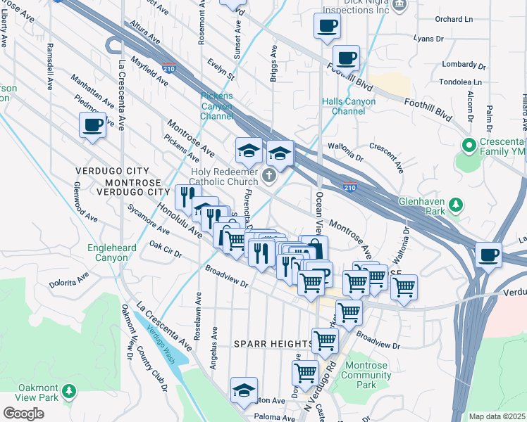 map of restaurants, bars, coffee shops, grocery stores, and more near 3921 Orangedale Avenue in La Crescenta-Montrose