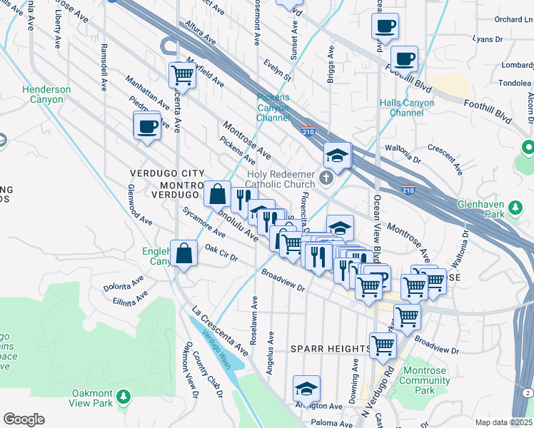 map of restaurants, bars, coffee shops, grocery stores, and more near 2532 Hermosa Avenue in La Crescenta-Montrose