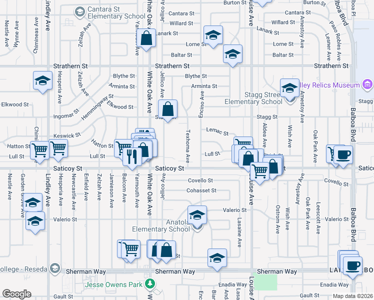 map of restaurants, bars, coffee shops, grocery stores, and more near 7631 Texhoma Avenue in Los Angeles