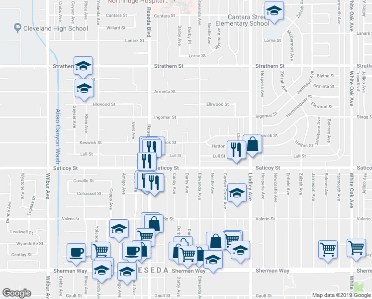 map of restaurants, bars, coffee shops, grocery stores, and more near 18333 Saticoy Street in Los Angeles