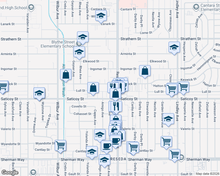 map of restaurants, bars, coffee shops, grocery stores, and more near 18547 Saticoy Street in Los Angeles