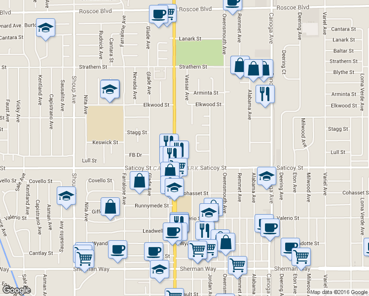 map of restaurants, bars, coffee shops, grocery stores, and more near 21915 Saticoy Street in Los Angeles