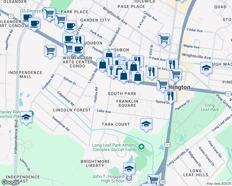 map of restaurants, bars, coffee shops, grocery stores, and more near 4108 Spirea Drive in Wilmington
