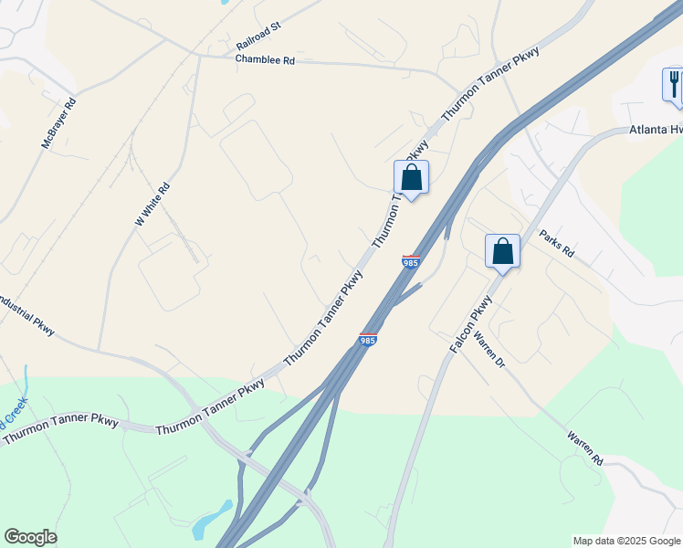 map of restaurants, bars, coffee shops, grocery stores, and more near 4105 Commerce Street in Flowery Branch