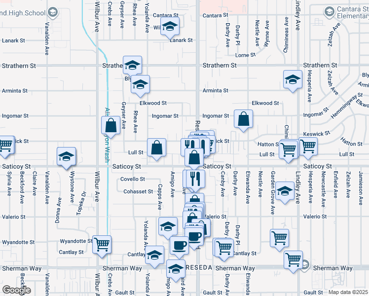 map of restaurants, bars, coffee shops, grocery stores, and more near 7641 Reseda Boulevard in Los Angeles