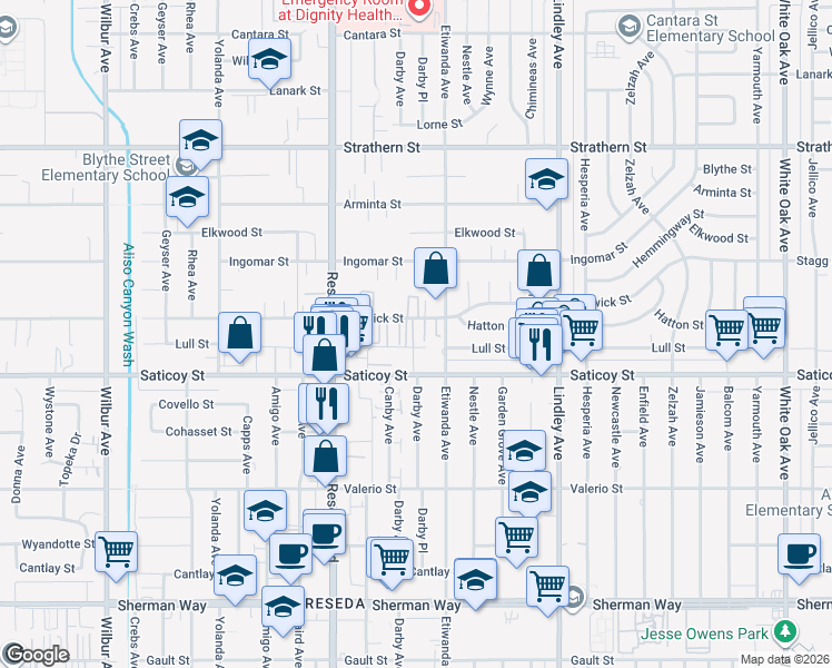 map of restaurants, bars, coffee shops, grocery stores, and more near 18333 Saticoy Street in Los Angeles