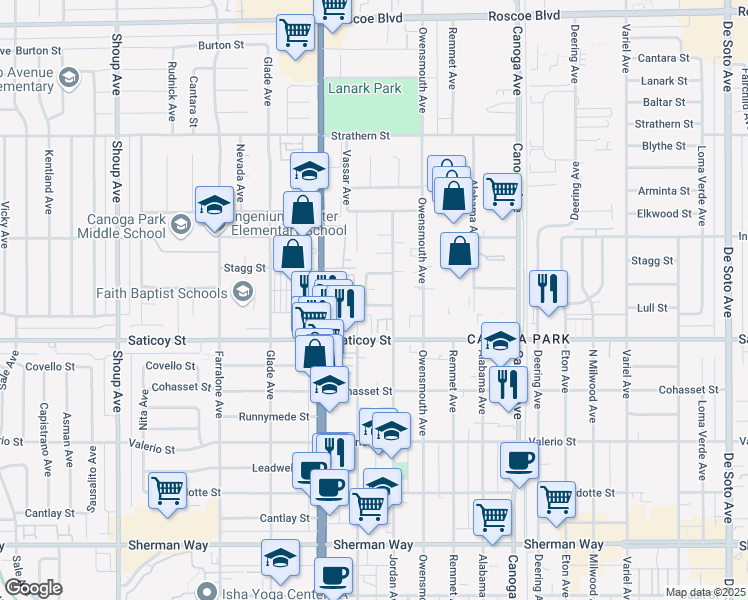 map of restaurants, bars, coffee shops, grocery stores, and more near 7647 North Twining Way in Los Angeles