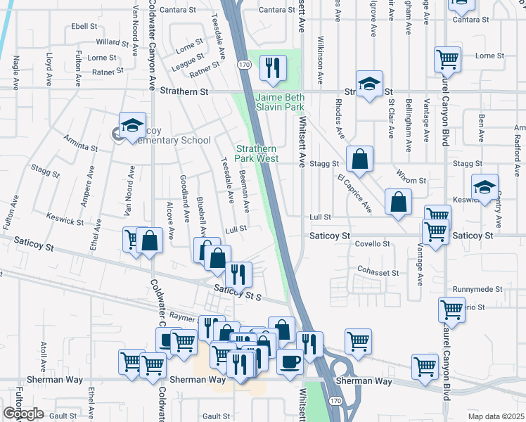 map of restaurants, bars, coffee shops, grocery stores, and more near 12606 Keswick Street in Los Angeles