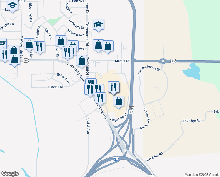 map of restaurants, bars, coffee shops, grocery stores, and more near 2901 Pines Mall Drive in Pine Bluff
