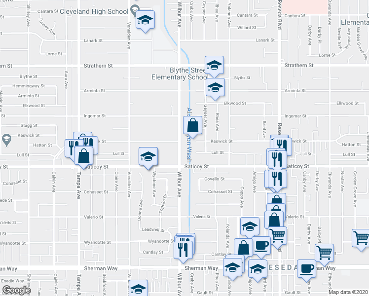 map of restaurants, bars, coffee shops, grocery stores, and more near 7650 Wilbur Avenue in Los Angeles