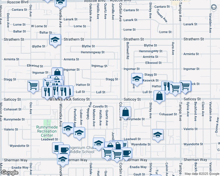map of restaurants, bars, coffee shops, grocery stores, and more near 19800 Lull Street in Los Angeles