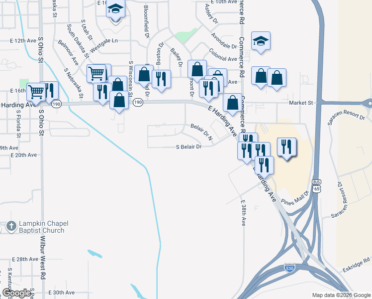 map of restaurants, bars, coffee shops, grocery stores, and more near 2606 South Belair Drive in Pine Bluff