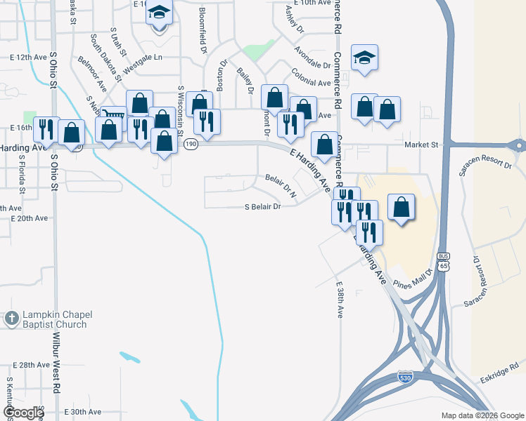 map of restaurants, bars, coffee shops, grocery stores, and more near 2606 South Belair Drive in Pine Bluff