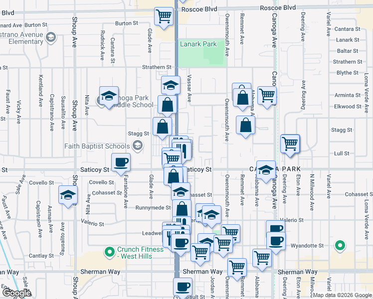 map of restaurants, bars, coffee shops, grocery stores, and more near 7650 Topanga Canyon Boulevard in Los Angeles