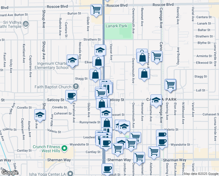 map of restaurants, bars, coffee shops, grocery stores, and more near 7650 Topanga Canyon Boulevard in Los Angeles