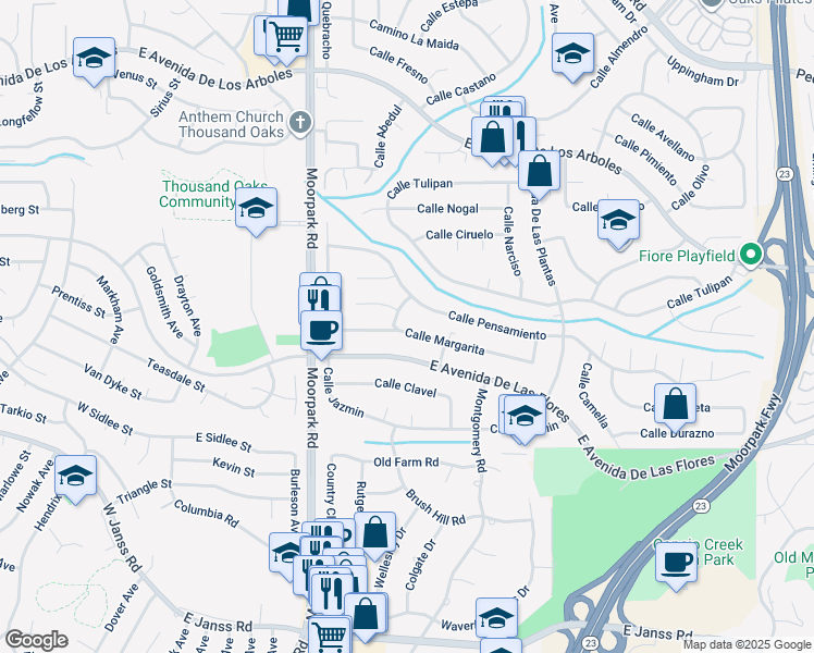map of restaurants, bars, coffee shops, grocery stores, and more near 823 Calle Margarita in Thousand Oaks