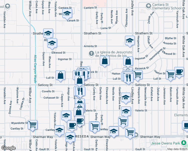 map of restaurants, bars, coffee shops, grocery stores, and more near 7610 Canby Avenue in Los Angeles