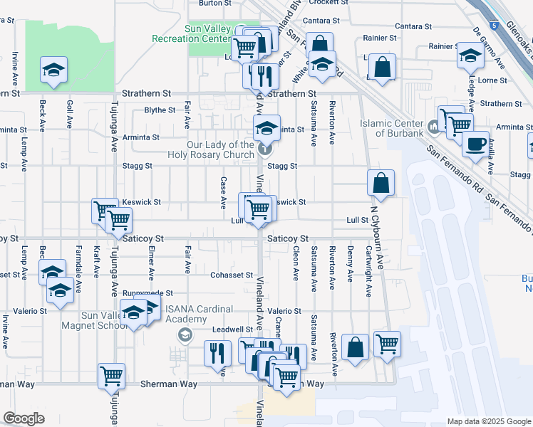 map of restaurants, bars, coffee shops, grocery stores, and more near 7642 Vineland Avenue in Los Angeles