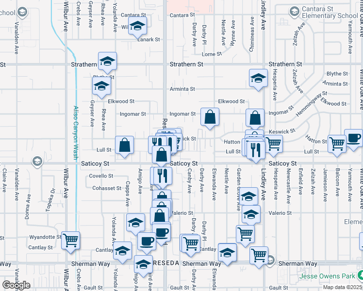 map of restaurants, bars, coffee shops, grocery stores, and more near 18424 Keswick Street in Los Angeles
