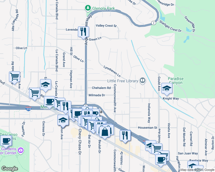map of restaurants, bars, coffee shops, grocery stores, and more near 825 Chehalem Road in La Cañada Flintridge