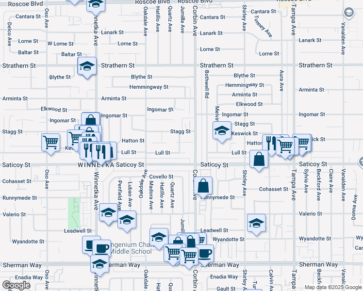 map of restaurants, bars, coffee shops, grocery stores, and more near 19730 Hatton Street in Los Angeles
