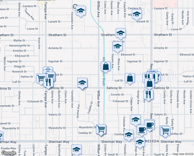 map of restaurants, bars, coffee shops, grocery stores, and more near 7645 Wilbur Avenue in Los Angeles