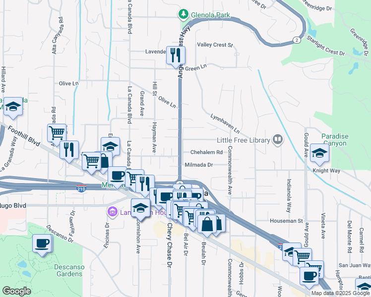 map of restaurants, bars, coffee shops, grocery stores, and more near 941 Chehalem Road in La Cañada Flintridge
