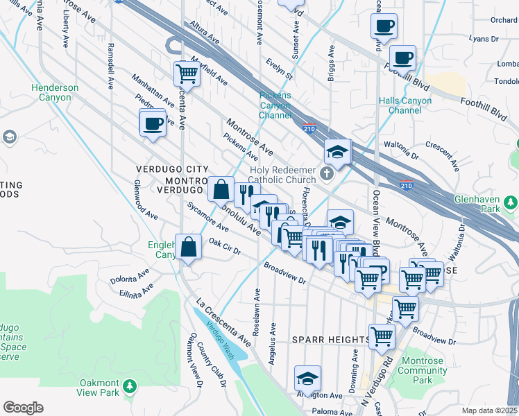 map of restaurants, bars, coffee shops, grocery stores, and more near Rosemont Avenue & Hermosa Avenue in Glendale