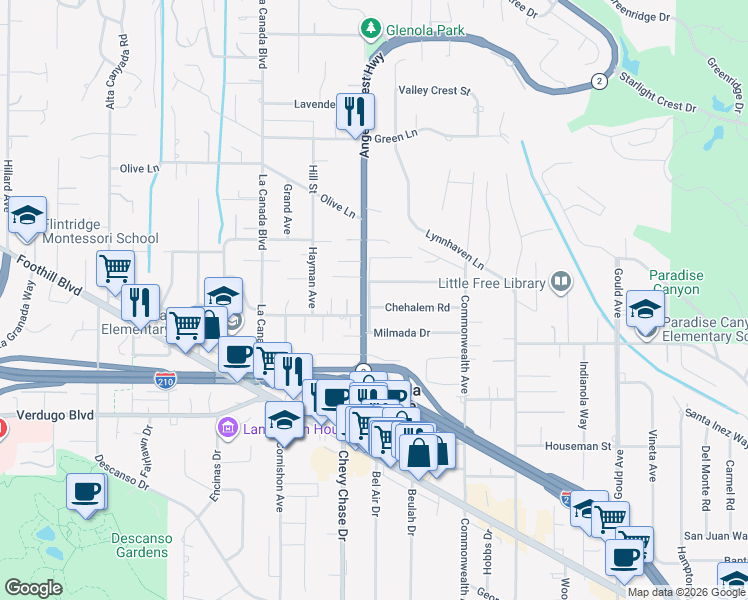 map of restaurants, bars, coffee shops, grocery stores, and more near 941 Milmada Drive in La Cañada Flintridge