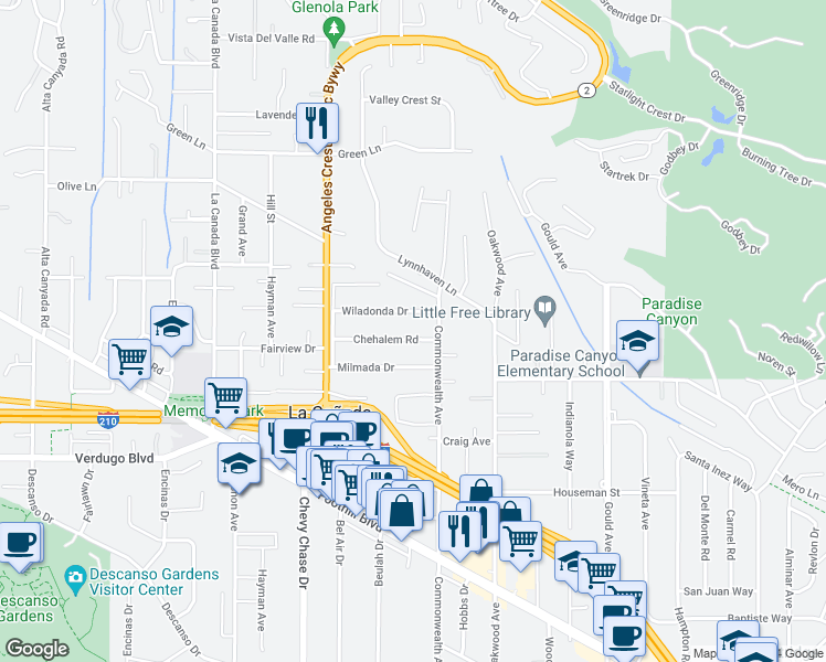 map of restaurants, bars, coffee shops, grocery stores, and more near 825 Chehalem Road in La Cañada Flintridge