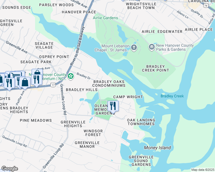 map of restaurants, bars, coffee shops, grocery stores, and more near 345 Bradley Drive in Wilmington