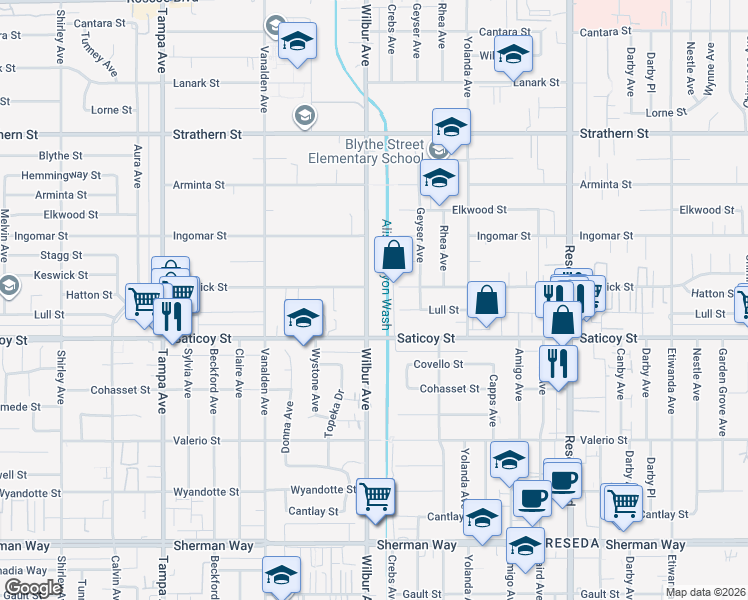 map of restaurants, bars, coffee shops, grocery stores, and more near 7650 Wilbur Avenue in Los Angeles