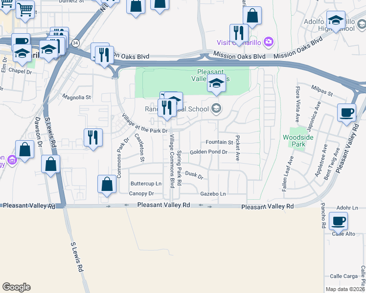 map of restaurants, bars, coffee shops, grocery stores, and more near 328 Sycamore Cottage Court in Camarillo