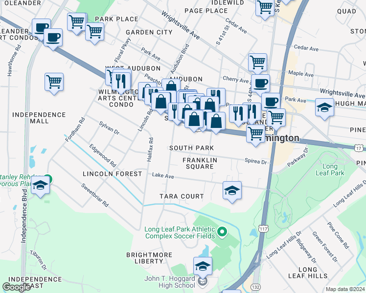 map of restaurants, bars, coffee shops, grocery stores, and more near 4105 Spirea Drive in Wilmington