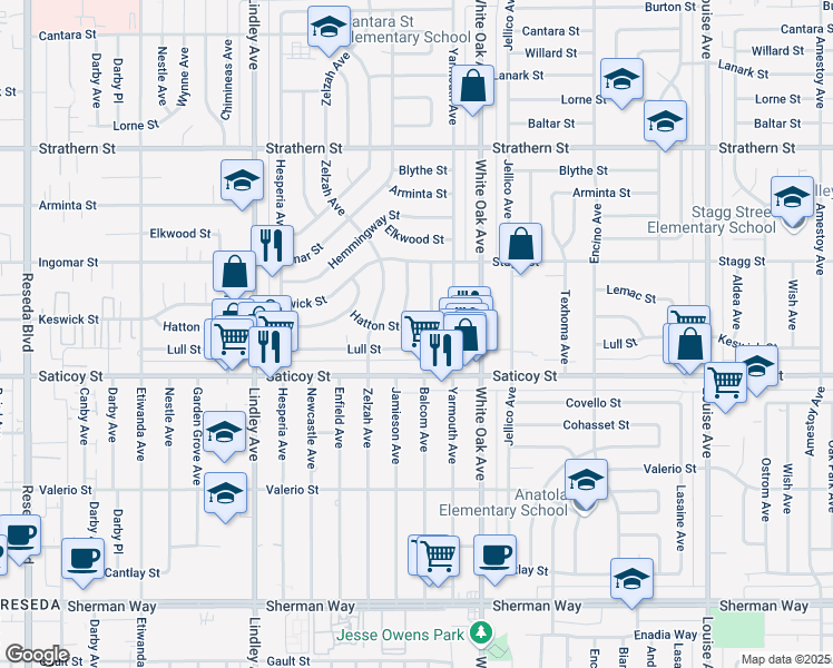 map of restaurants, bars, coffee shops, grocery stores, and more near 17814 Hatton Street in Los Angeles