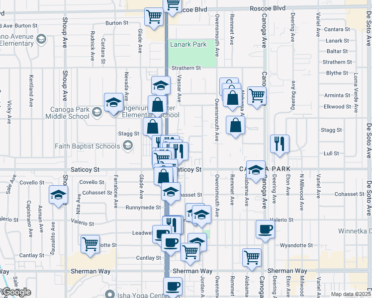 map of restaurants, bars, coffee shops, grocery stores, and more near 7647 North Twining Way in Los Angeles