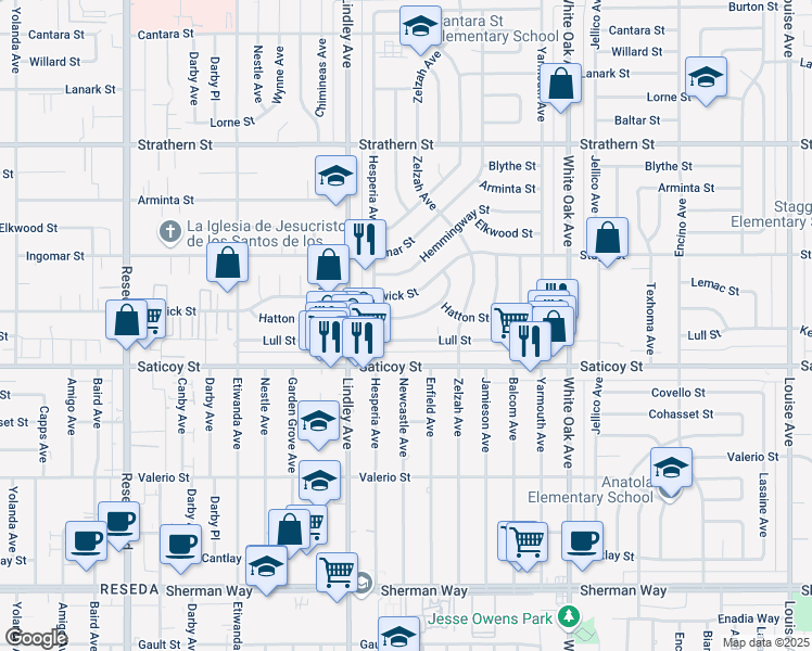 map of restaurants, bars, coffee shops, grocery stores, and more near 18006 Keswick Street in Los Angeles