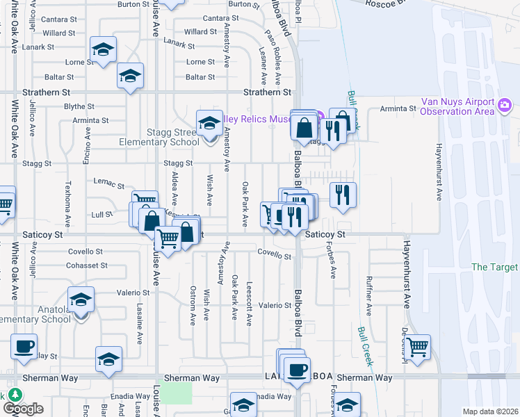 map of restaurants, bars, coffee shops, grocery stores, and more near 7645 Genesta Avenue in Los Angeles
