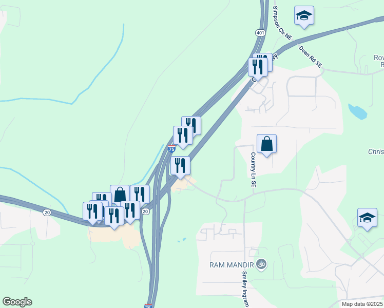 map of restaurants, bars, coffee shops, grocery stores, and more near Highway 20 Southeast in Cartersville