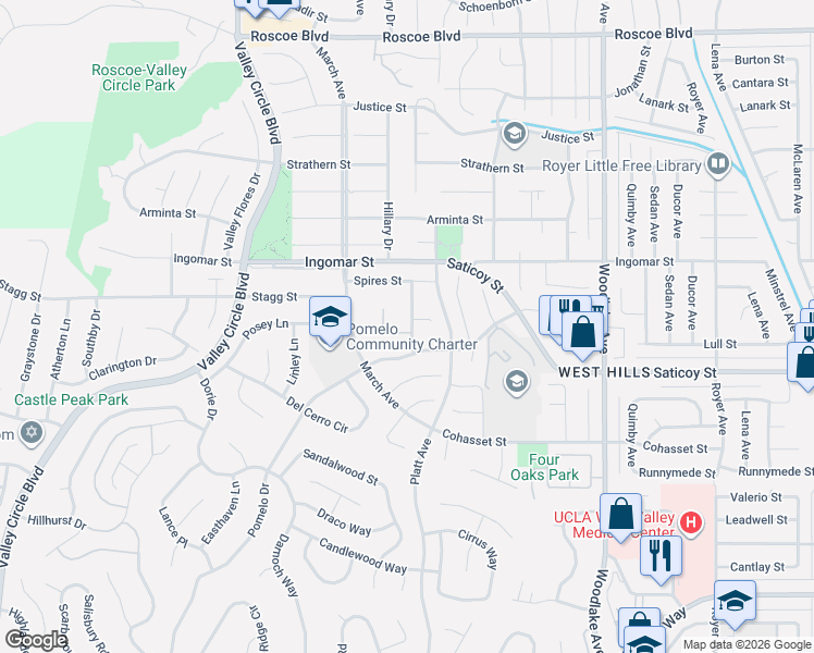 map of restaurants, bars, coffee shops, grocery stores, and more near 7718 Maestro Avenue in Los Angeles