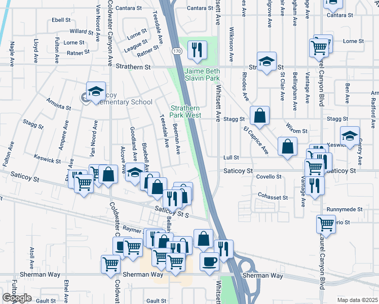map of restaurants, bars, coffee shops, grocery stores, and more near 12606 Keswick Street in Los Angeles