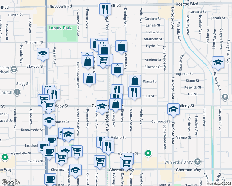 map of restaurants, bars, coffee shops, grocery stores, and more near 7717 Eton Avenue in Los Angeles